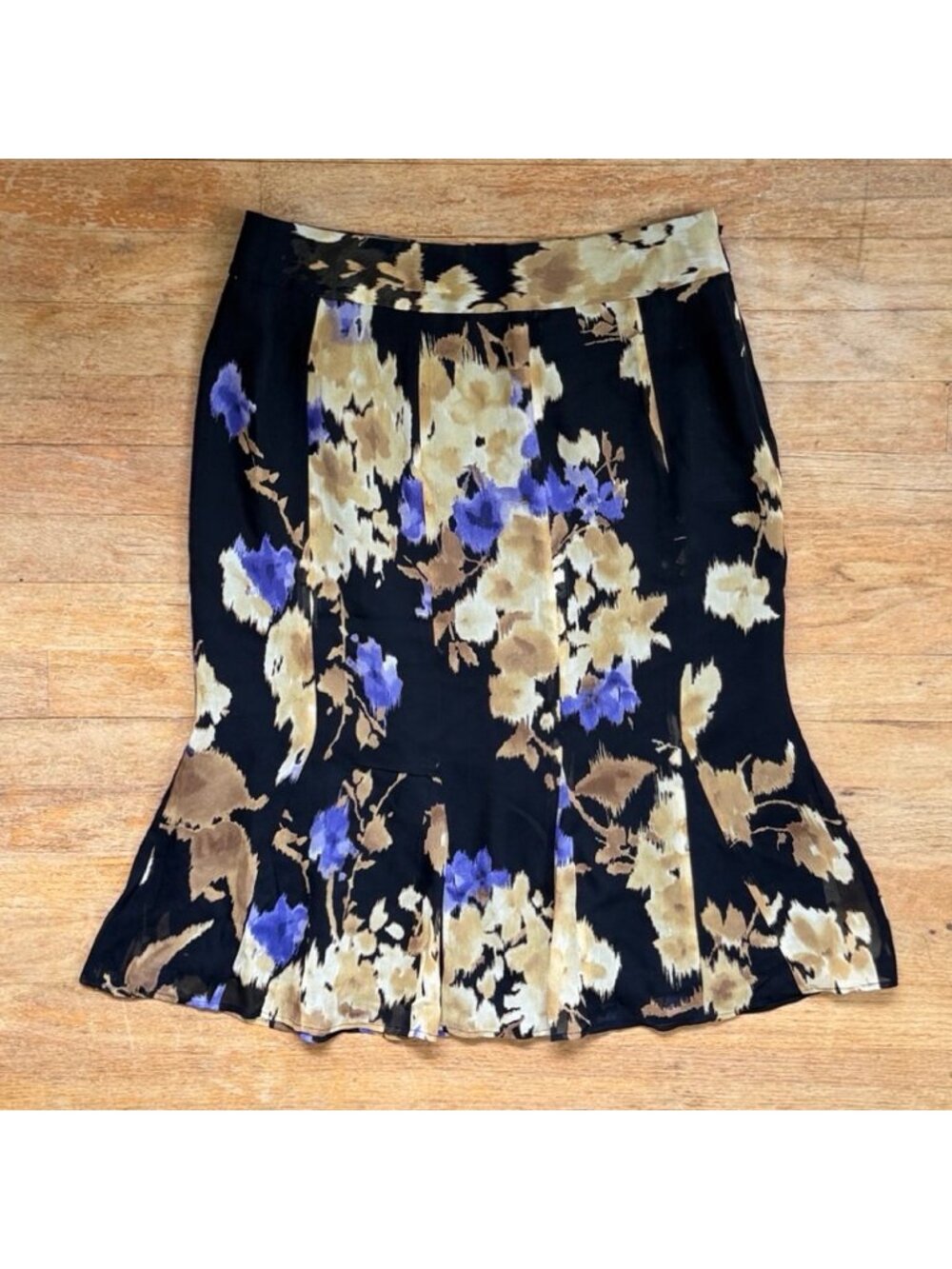 Jones New York Skirt Size 8 NWT Floral Print 100% Silk Panel Trumpet Black